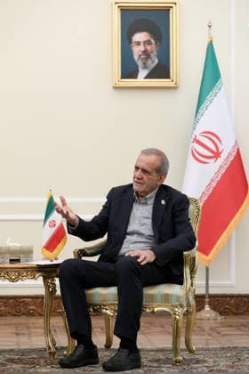 August 25, 2026, Tehran, Iran: Iranian President Masoud Pezeshkian meets Faiq Zidan (unseen), president of IraqÃ¢â‚¬â ¢s Supreme Judicial Council, and his accompanying delegation in Tehran, Iran, on August 25, 2026. During the meeting, Pezeshkian called for closer political, economic, cultural and social cooperation between Iran, Iraq and other Muslim countries, while Zidan said stronger bilateral and regional ties could contribute to greater security and stability. Zidan was visiting Tehran for talks with senior Iranian officials on bilateral judicial, legal and political cooperation. Tehran Iran - ZUMAi98_ 20260825_zih_i98_003 Copyright: xIranianxPresidencyx