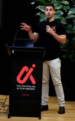 AI FILM AWARDS, Director Jamie van Leeuwen speaks during the inaugural Australian AI Film Awards at The Precinct in Brisbane, Queensland, Australia, Tuesday, August 25, 2026. ( NO ARCHIVING Brisbane Queensland Australia  Copyright: xx 20260826155258565706