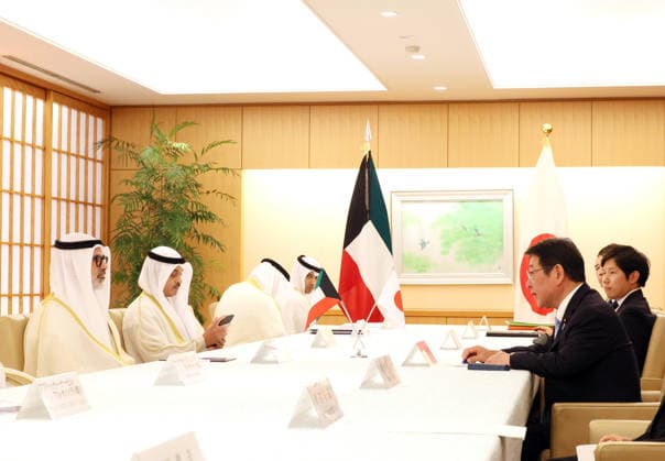 August 26, 2026, Tokyo, Japan - Kuwaiti Foreign Minister Sheikh Jarrah Jaber Al-Ahmed Al-Sabah (L) talks with his Japanese counterpart Toshimitsu Motegi (R) at Motegi s officeand in Tokyo on Wednesday, August 26, 2026. (photo by Yoshio Tsunoda AFLO)  aflo_343057163