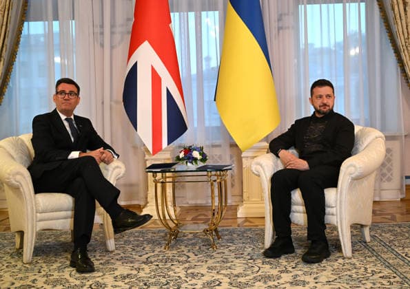 RECORD DATE NOT STATED President of Ukraine Volodymyr Zelenskyy (R) and UK Prime Minister Andy Burnham, who chose Ukraine for his first foreign visit since taking office, talk during an official meeting marking the 35th anniversary of Ukraine’s independence at the Small Residence of the President of Ukraine, Kyiv, Ukraine, on August 24, 2026. The two sides discussed further support for Ukraine and signed a declaration on partnership in the field of artificial intelligence (Photo by Yevhen Kotenko Ukrinform) President of Ukraine meets with UK Prime Minister  Copyright: xYevhenxKotenkox