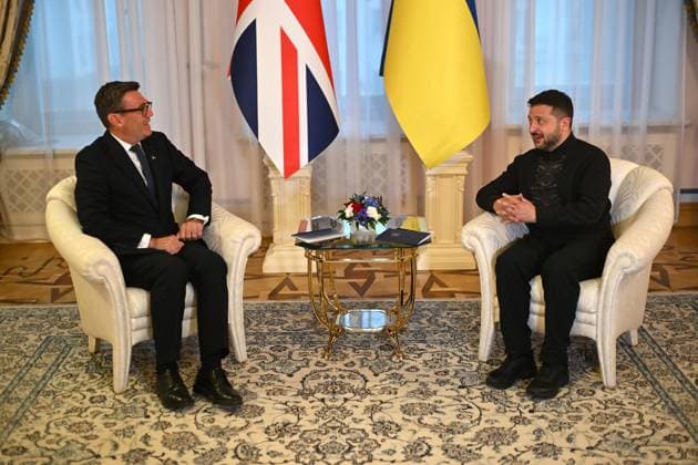RECORD DATE NOT STATED President of Ukraine Volodymyr Zelenskyy (R) and UK Prime Minister Andy Burnham, who chose Ukraine for his first foreign visit since taking office, talk during an official meeting marking the 35th anniversary of Ukraine’s independence at the Small Residence of the President of Ukraine, Kyiv, Ukraine, on August 24, 2026. The two sides discussed further support for Ukraine and signed a declaration on partnership in the field of artificial intelligence (Photo by Yevhen Kotenko Ukrinform) President of Ukraine meets with UK Prime Minister  Copyright: xYevhenxKotenkox