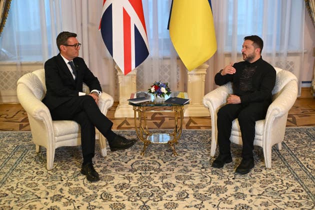 RECORD DATE NOT STATED President of Ukraine Volodymyr Zelenskyy (R) and UK Prime Minister Andy Burnham, who chose Ukraine for his first foreign visit since taking office, talk during an official meeting marking the 35th anniversary of Ukraine’s independence at the Small Residence of the President of Ukraine, Kyiv, Ukraine, on August 24, 2026. The two sides discussed further support for Ukraine and signed a declaration on partnership in the field of artificial intelligence (Photo by Yevhen Kotenko Ukrinform) President of Ukraine meets with UK Prime Minister  Copyright: xYevhenxKotenkox