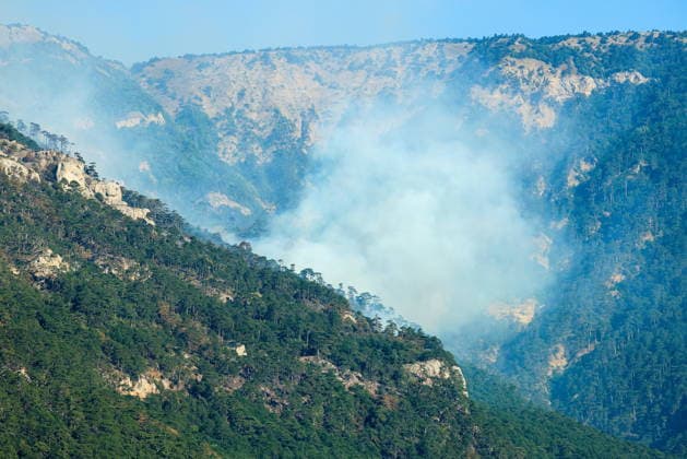 RUSSIA, REPUBLIC OF CRIMEA - AUGUST 26, 2026: Smoke rises over mountains near Yalta. The blaze, which has been burning for nearly a week, has been declared a regional nature emergency. Maxim Churusov TASS  96651355