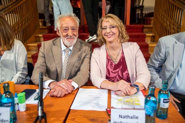 ABB SCHLOSSPARK: Dieter Hallervorden and Nathalie Hallervorden, father and daughter, attend the annual press conference for the 2026–27 season at the Schlosspark Theater on August 26, 2026, in Berlin, Germany