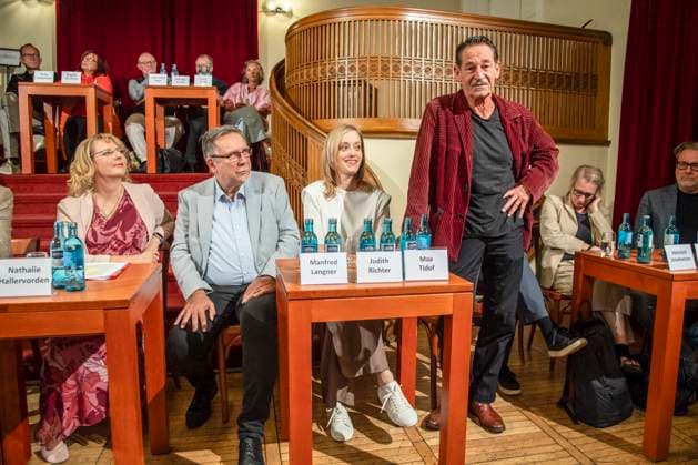 Natalie Hallervorden, Manfred Langer, Judith Richter, and Max Tidof at the annual press conference for the 2026–27 season at the Schlosspark Theater Berlin, Berlin, on August 26, 2026, Berlin, Germany