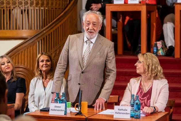 ABB SCHLOSSPARK: Barbara Maria Sava, Christiane Zander, Dieter Hallervorden, and Nathalie Hallervorden attend the annual press conference for the 2026–27 season at the Schlosspark Theater on August 26, 2026, in Berlin, Germany