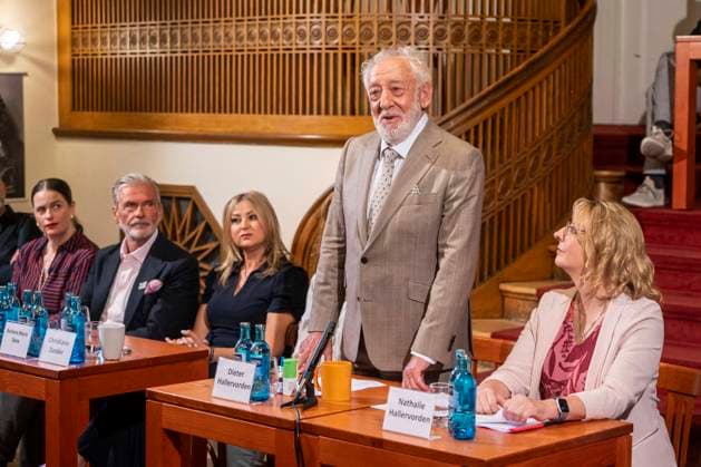 ABB SCHLOSSPARK: Barbara Maria Sava, Christiane Zander, Dieter Hallervorden, and Nathalie Hallervorden as guests at the annual press conference for the 2026–27 season at the Schlosspark Theater on August 26, 2026, in Berlin, Germany