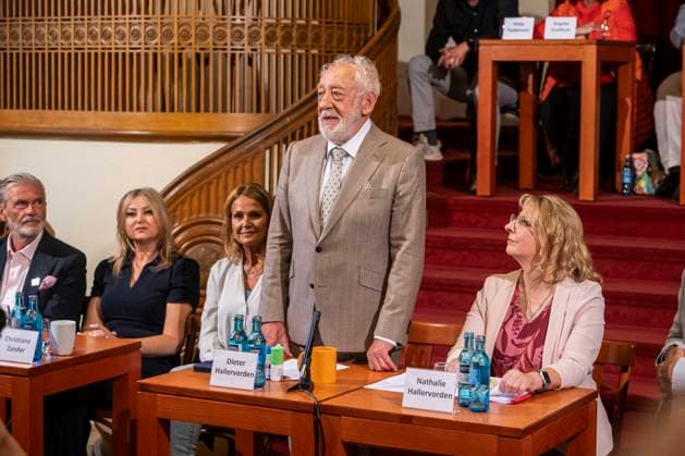 ABB SCHLOSSPARK: Barbara Maria Sava, Christiane Zander, Dieter Hallervorden, and Nathalie Hallervorden as guests at the annual press conference for the 2026–27 season at the Schlosspark Theater on August 26, 2026, in Berlin, Germany