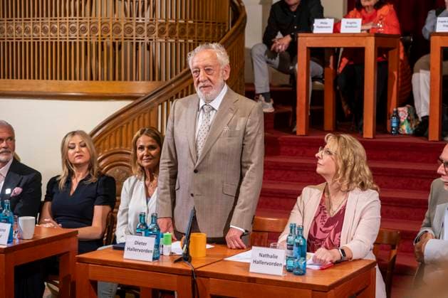 ABB SCHLOSSPARK: Barbara Maria Sava, Christiane Zander, Dieter Hallervorden, and Nathalie Hallervorden as guests at the annual press conference for the 2026–27 season at the Schlosspark Theater on August 26, 2026, in Berlin, Germany