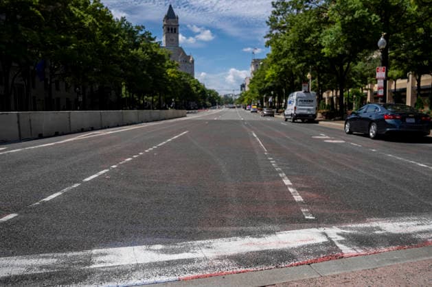 Leftover paint from a the Freedom 250 Grand Prix track is seen along Pennsylvania Avenue in Washington, DC on Wednesday, August 26, 2026. The Freedom 250 Grand Prix took place last weekend gathered thousands around a 1.7 mile course around Washington s landmarks.  WAP20260826325 BONNIExCASH