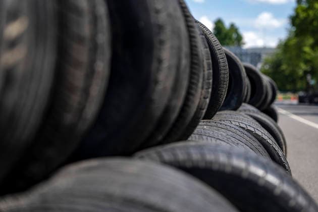 Tires used for the Freedom 250 Grand Prix are seen as workers dismantle the track around Washington, DC on Wednesday, August 26, 2026. The Freedom 250 Grand Prix took place last weekend gathered thousands around a 1.7 mile course around Washington s landmarks.  WAP20260826308 BONNIExCASH
