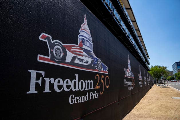 Constructions workers dismantle the Grand Stand suites along the Freedom 250 Grand Prix track around Washington, DC on Wednesday, August 26, 2026. The Freedom 250 Grand Prix took place last weekend gathered thousands around a 1.7 mile course around Washington s landmarks.  WAP20260826321 BONNIExCASH
