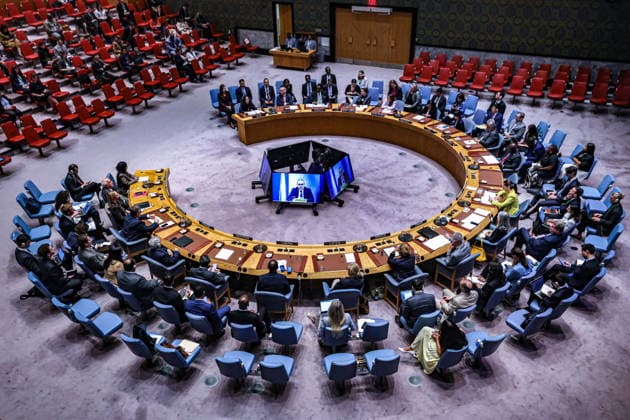August 26, 2026, New York, New York, United States: A wide view of the UN Security Council chamber during a meeting on the situation in the Middle East, including the Palestinian question, with RAMIZ ALAKBAROV, UN Acting Special Coordinator for the Middle East Peace Process, seen on screens during his briefing to Council members. New York United States - ZUMAo116 20260826_znp_o116_009 Copyright: xBiancaxOterox