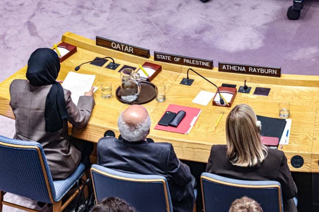 August 26, 2026, New York, New York, United States: L-R: ALYA AHMED SAIF AL-THANI, Permanent Representative of Qatar to the UN, RIYAD MANSOUR, Permanent Observer of the State of Palestine to the UN, and ATHENA RAYBURN, Executive Director of the Association of International Development Agencies (AIDA), seen from above inside the Security Council chamber during a meeting on the situation in the Middle East, including the Palestinian question. New York United States - ZUMAo116 20260826_znp_o116_026 Copyright: xBiancaxOterox