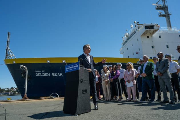 August 26, 2026, Vallejo, Ca: Governor Gavin Newsom announced 8.5 million in state grants for maritime projects at an event in front of the Golden Bear Training Ship at Mare Island on Wednesday, Aug. 26, 2026, in Vallejo. Vallejo - ZUMAby1_ 20260826_fap_by1_003 Copyright: xRenÃ exC.xByerx