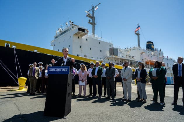 August 26, 2026, Vallejo, Ca: Governor Gavin Newsom announced 8.5 million in state grants for maritime projects at an event in front of the Golden Bear Training Ship at Mare Island on Wednesday, Aug. 26, 2026, in Vallejo. Vallejo - ZUMAby1_ 20260826_fap_by1_007 Copyright: xRenÃ exC.xByerx