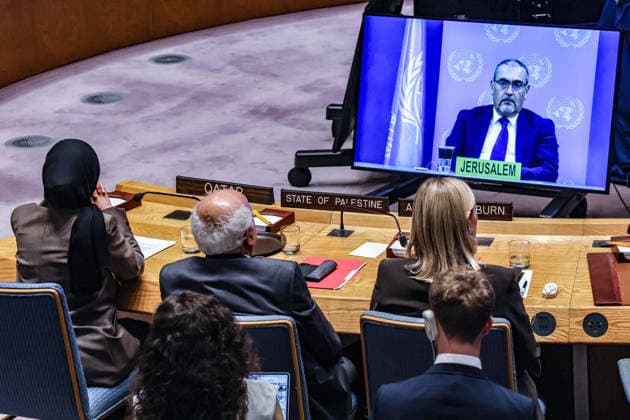August 26, 2026, New York, New York, United States: R-L: ATHENA RAYBURN, RIYAD MANSOUR and ALYA AHMED SAIF AL-THANI, seen from behind as RAMIZ ALAKBAROV, UN Acting Special Coordinator for the Middle East Peace Process, briefs the Security Council remotely from Jerusalem during a meeting on the situation in the Middle East, including the Palestinian question. New York United States - ZUMAo116 20260826_znp_o116_030 Copyright: xBiancaxOterox
