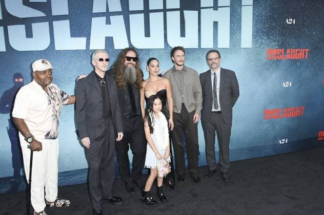 Drew Starkey, Adria Arjona, Adam Wingard, Reginald VelJohnson, Michael Biehn, Blake Kennedy, Dan Stevens at arrivals for ONSLAUGHT Premiere, Regal LA Live, Los Angeles, CA, August 26, 2026. Photo By: Elizabeth Goodenough Everett Collection ONSLAUGHT Premiere PUBLICATIONXNOTxINxCANxCHNxFRAxITAxJPNxNORxPOLxRUSxESPxUKxUSA
