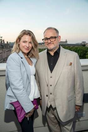 ABB FILM NIGHT: Michael Trischan and his guest attended the opening reception for the 2026 UFA Film Nights on the rooftop terrace of Bertelsmann Repraesentanz on August 26, 2026, in Berlin, Germany