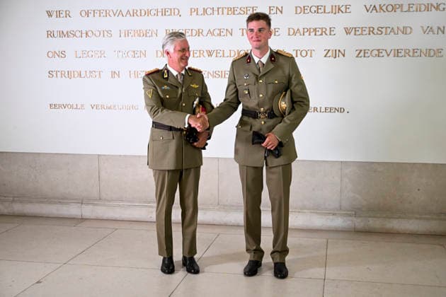 Prince Gabriel - Royal Military School Brussels, 27 08 2026 : Belgian Royals attend the graduation ceremony of the graduating officer cadets of the Royal Military School. The graduates of the 176th Polytechnic Class, the 162nd Social and Military Sciences Class, to which His Royal Highness Prince Gabriel belongs, and various classes of the Special Division, are honoured during the ceremony. Pix : King Philippe , Prince Gabriel . Credit : Peter De Smedt CC . Brussels Belgium  Copyright: xContentxCurationx PeterxDexSmedtx xCCx