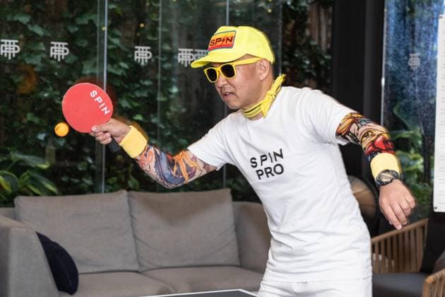 August 27, 2026, Bronx, New York, USA: Kazuyuki Yokoyama aka Kaz The Kazmanian Devil plays an exhibition game of table tennis with elite big tennis players and guests during Game. Set. Spin event ahead of US Open Championship at Park Terrace Hotel in New York, NY on August 27, 2026. He was joined by Belinda Bencic, Tomas Martin Etcheverry, Martin Damm and Giovanni Mpetshi Perricard Bronx USA - ZUMAr339 20260827_znp_r339_003 Copyright: xLevxRadinx