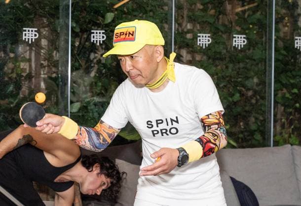 August 27, 2026, Bronx, New York, USA: Kazuyuki Yokoyama aka Kaz The Kazmanian Devil plays an exhibition game of table tennis with elite big tennis players and guests during Game. Set. Spin event ahead of US Open Championship at Park Terrace Hotel in New York, NY on August 27, 2026. He was joined by Belinda Bencic, Tomas Martin Etcheverry, Martin Damm and Giovanni Mpetshi Perricard Bronx USA - ZUMAr339 20260827_znp_r339_022 Copyright: xLevxRadinx