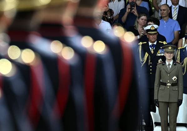 Crown Princess Elisabeth and +pictured during the graduation ceremony for cadets at the Royal Military Academy (RMA), in Brussels, on Friday 28 August 2026. Graduates of the 176th Polytechnic Class, the 162nd Class in Social and Military Sciences to which the Prince belongs and various classes of the Special Division are honored during the ceremony.  ERICxLALMAND 184537649