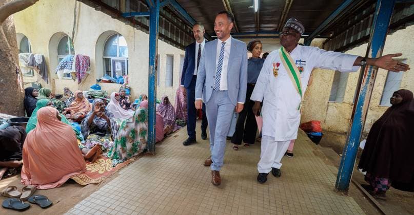 Belgian Foreign Minister Maxime Prevot pictured during his visit to the Issaka Gazobi maternity hospital on the third day of a diplomatic mission of Belgian Foreign Minister in the Sahel region, in Niamey, Niger.  BENOITxDOPPAGNE 184576781