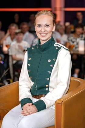 MDR Riverboat: Jeanine Lysette Schwenke, drum major of the Radeberg Marching Band, during the taping of the MDR talk show Riverboat on August 28, 2026, at Mediacity Leipzig 20260828SFL0052