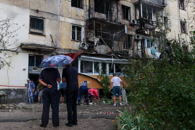 RUSSIA, SEVASTOPOL - AUGUST 28, 2026: A building damaged in a night drone attack on the city. Maxim Churusov TASS  96743869
