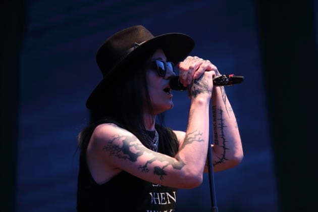 Matteo vDiva Fabbiani of the band Hell Boulevard as the opening act for Mono Inc. at an open-air concert at the Waschhaus in Potsdam, August 28, 2026 Hell Boulevard Concert Potsdam