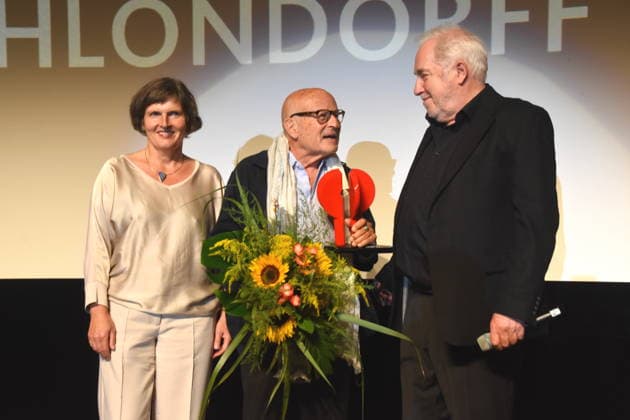 Film Return to Montauk Daniela Goetz, Festival Director; Volker Schlöndorff, Director; Ludwigshafen Film Festival; Dr. Michael Goetz, Honorary Award Recipient; Laudator, Festival Director, Ludwigshafen, August 28, 2026, on the banks of the Rhine, 22nd German Film Festival 2026; Photo: Ludwigshafen