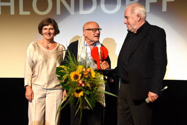 Film Return to Montauk Daniela Goetz, Festival Director; Volker Schlöndorff, Director; Ludwigshafen Film Festival; Dr. Michael Goetz, Honorary Award Recipient; Laudator, Festival Director, Ludwigshafen, August 28, 2026, on the banks of the Rhine, 22nd German Film Festival 2026; Photo: Ludwigshafen
