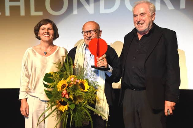Film Return to Montauk Daniela Goetz, Festival Director; Volker Schlöndorff, Director; Ludwigshafen Film Festival; Dr. Michael Goetz, Honorary Award Recipient; Laudator, Festival Director, Ludwigshafen, August 28, 2026, on the banks of the Rhine, 22nd German Film Festival 2026; Photo: Ludwigshafen