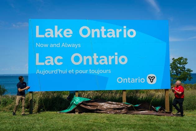 August 29, 2026, Grimsby, On, Canada: Ontario Premier Doug Ford, right, and Niagara West MPP, Sam Oosterhoff unveil a sign for Lake Ontario at Fifty Point Conservation Area in Grimsby, Ont., on Saturday, Aug. 29, 2026. Grimsby Canada - ZUMAc35_ 20260829_zaf_c35_029 Copyright: xKeitoxNewmanx