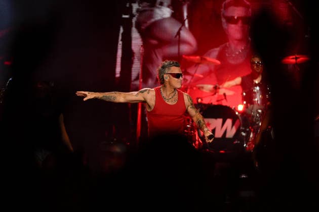 MEO KALORAMA 2026 Robbie Williams performing at Palco Meo on first day of MEO Kalorama, at Parque da Bela Vista, in Lisbon, Portugal, this Friday 28. (Photo: Bruno de Carvalho Brazil Photo Press) Lisboa Parque da Bela Vista Lisboa Portugal Copyright: xBrunoxdexCarvalhox