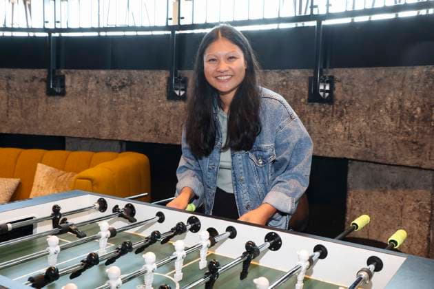 CNTV HERZKICKEN Linh Tran at the foosball table during the press conference for the Charity Kicken mit Herz event at Restaurant Karo Paul in the Bunker on Feldstrasse 27, AUGUST 2026, in Hamburg, Hamburg, Germany