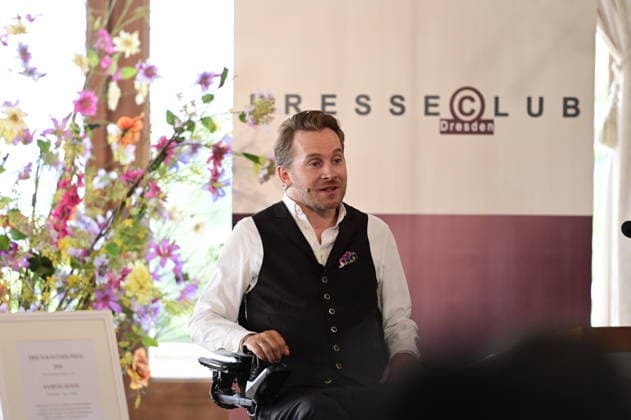 Samuel Koch at the 27th presentation of the prestigious Erich Kästner Prize to Samuel Koch by the Dresden Press Club at Albrechtsberg Castle in Dresden, August 30, 2026 Copyright: xMatthiasxWehnertx