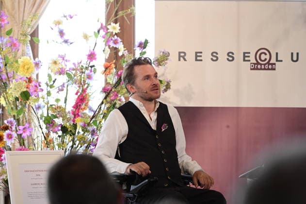 Samuel Koch at the 27th presentation of the prestigious Erich Kästner Prize to Samuel Koch by the Dresden Press Club at Albrechtsberg Castle in Dresden, August 30, 2026 Copyright: xMatthiasxWehnertx