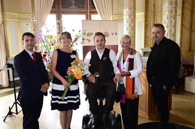Tobias Wolf, Sabine Mutschke, Samuel Koch, Kirsten Fehrs, and Andreas Weller at the 27th presentation of the prestigious Erich Kästner Prize to Samuel Koch by the Dresden Press Club at Albrechtsberg Castle in Dresden, August 30, 2026 Copyright: xMatthiasxWehnertx