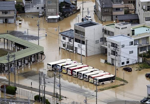 Torrential rain in central Japan Photo taken from a Kyodo News helicopter on Aug. 30, 2026, shows an inundated area in Sakai in Fukui Prefecture, central Japan, following torrential rain.  A14AA0005626821P