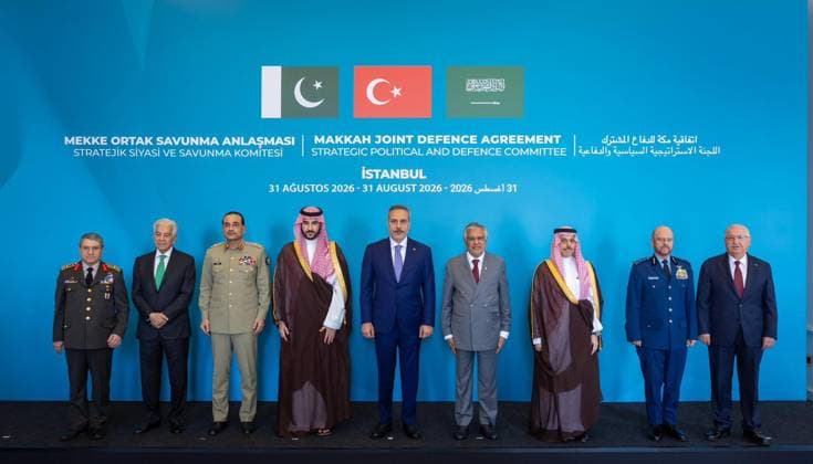 First committee meeting of Mecca Joint Defense Agreement begins in Istanbul ISTANBUL, TURKIYE - AUGUST 31: (----EDITORIAL USE ONLY MANDATORY CREDIT - TURKISH FOREIGN MINISTRY HANDOUT - NO MARKETING NO ADVERTISING CAMPAIGNS - DISTRIBUTED AS A SERVICE TO CLIENTS----) Turkish Foreign Minister Hakan Fidan, Turkish National Defense Minister Yasar Guler, Turkish Chief of General Staff Gen. Selcuk Bayraktaroglu, Pakistani Foreign Minister Muhammad Ishaq Dar, Pakistani Defense Minister Khawaja Muhammad Asif, Pakistani Chief of Army Staff Field Marshal Asim Munir, Saudi Foreign Minister Faisal bin Farhan, Saudi Defense Minister Khalid bin Salman and Saudi Chief of General Staff Gen. Fayyadh bin Hamed Al-Ruwaili attend the first meeting of the St  Copyright: x2026xAnadoluxTurkishxForeignxMinistry Handoutx