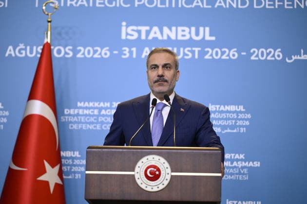 Turkish Foreign Minister Hakan Fidan ISTANBUL, TURKIYE - AUGUST 31 : Turkish Foreign Minister Hakan Fidan speaks during a joint press conference following the inaugural meeting of the Strategic Political and Defence Committee, established under the Mecca Joint Defence Agreement, in Istanbul, Turkiye on August 31, 2026. Arif Hudaverdi Yaman Anadolu Istanbul Turkey. Editorial use only. Please get in touch for any other usage.  Copyright: x2026xAnadoluxArifxHudaverdixYamanx