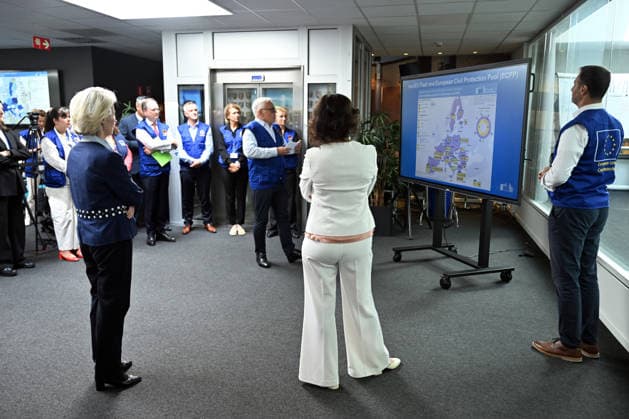 Ursula von der Leyen and Commissioner Hadja Lahbib inspect ERCC operations in Brussels BRUSSELS, BELGIUM - AUGUST 31: European Commission President Ursula von der Leyen and European Commissioner for Equality, Preparedness and Crisis Management Hadja Lahbib visit the Emergency Response Coordination Centre (ERCC) in Brussels, Belgium, on August 31, 2026. Von der Leyen and Lahbib received a comprehensive briefing on the center s operational coordination, civil protection mechanisms, and disaster response strategies before delivering a joint statement to members of the press. Dursun Aydemir Anadolu Brussels Belgium. Editorial use only. Please get in touch for any other usage.  Copyright: x2026xAnadoluxDursunxAydemirx