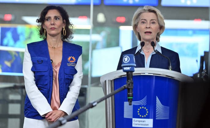 Ursula von der Leyen and Commissioner Hadja Lahbib inspect ERCC operations in Brussels BRUSSELS, BELGIUM - AUGUST 31: European Commission President Ursula von der Leyen speaks to press along with European Commissioner for Equality, Preparedness and Crisis Management Hadja Lahbib as they visit the Emergency Response Coordination Centre (ERCC) in Brussels, Belgium, on August 31, 2026. Von der Leyen and Lahbib received a comprehensive briefing on the center s operational coordination, civil protection mechanisms, and disaster response strategies. Dursun Aydemir Anadolu Brussels Belgium. Editorial use only. Please get in touch for any other usage.  Copyright: x2026xAnadoluxDursunxAydemirx