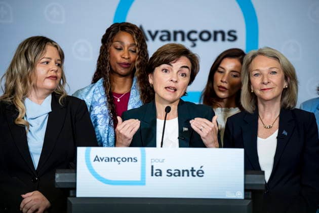 August 31, 2026, Saint-Colomban, Pq, CANADA: Coalition Avenir Quebec Leader Christine Frechette, centre makes a health care announcement while on an election campaign stop alongside CAQ candidates in Saint-Colomban, Que., on Monday, Aug. 31, 2026. Saint-Colomban CANADA  - ZUMAc35_ 20260831_zaf_c35_008 Copyright: xChristopherxKatsarovx