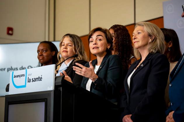 August 31, 2026, Saint-Colomban, Pq, CANADA: Coalition Avenir Quebec Leader Christine Frechette, centre makes a health care announcement while on an election campaign stop alongside CAQ candidates in Saint-Colomban, Que., on Monday, Aug. 31, 2026. Saint-Colomban CANADA  - ZUMAc35_ 20260831_zaf_c35_009 Copyright: xChristopherxKatsarovx