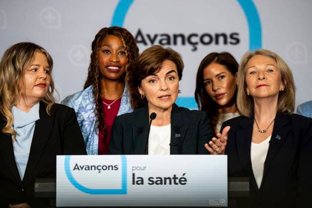 August 31, 2026, Saint-Colomban, Pq, CANADA: Coalition Avenir Quebec Leader Christine Frechette, centre makes a health care announcement while on an election campaign stop alongside CAQ candidates in Saint-Colomban, Que., on Monday, Aug. 31, 2026. Saint-Colomban CANADA  - ZUMAc35_ 20260831_zaf_c35_010 Copyright: xChristopherxKatsarovx