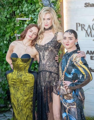 August 31, 2026, Westwood, California, United States: Joey King, left, Nicole Kidman and Maisie Williams arrive on the red carpet premiere of Practical Magic 2 at the Directors Village in Westwood California on Aug. 31, 2026. Westwood United States  - ZUMAt169 20260831_zep_t169_044 Copyright: xConnorxTerryx
