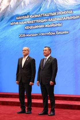 Kyrgyzstan SCO Summit 9232175 01.09.2026 Tajik President Emomali Rahmon is welcomed by Kyrgyz President Sadyr Japarov before a session of the Shanghai Cooperation Organization (SCO) summit in Bishkek, Kyrgyzstan. Vyacheslav Prokofiev Sputnik Bishkek Kyrgyzstan  Copyright: xVyacheslavxProkofievx